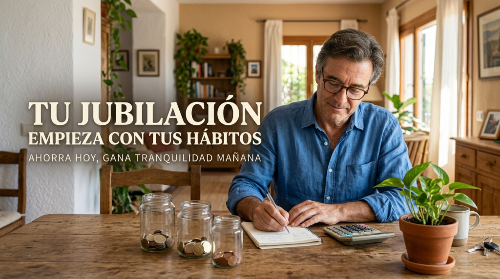 Hombre de 50 años organizando su presupuesto y sus ahorros mensuales para mejorar su situación económica antes de jubilarse.