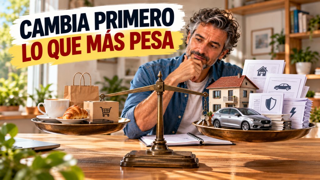Persona comparando pequeños gastos cotidianos con grandes compromisos financieros como vivienda, coche, préstamos y seguros.