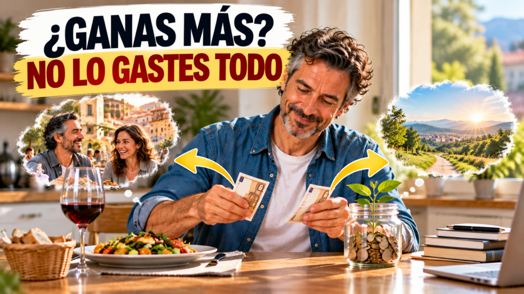 Persona dividiendo una mejora de ingresos entre disfrutar una parte y aumentar sus ahorros.