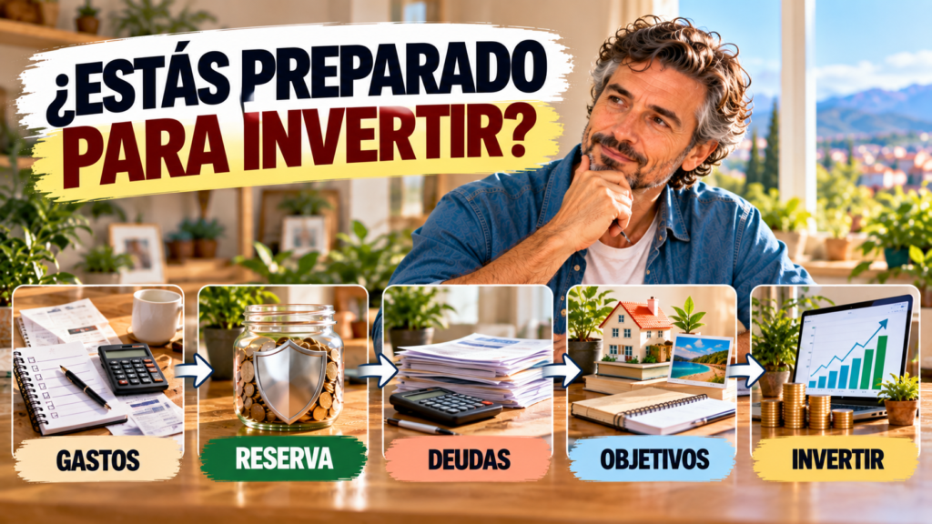 Persona revisando gastos, fondo de emergencia, deudas y objetivos antes de comenzar a invertir a largo plazo.