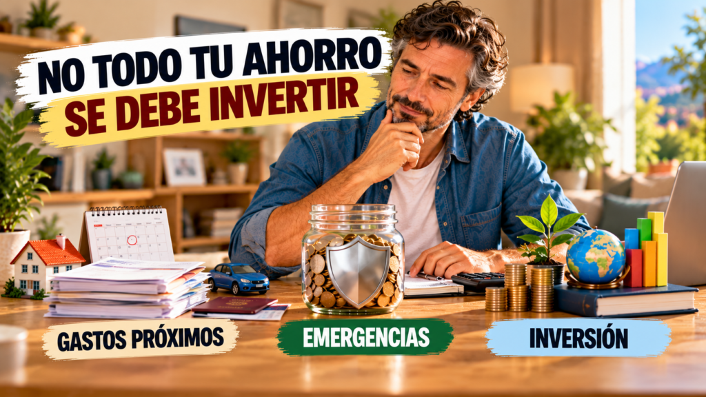 Persona separando sus ahorros entre gastos próximos, fondo de emergencia y dinero disponible para inversión a largo plazo.