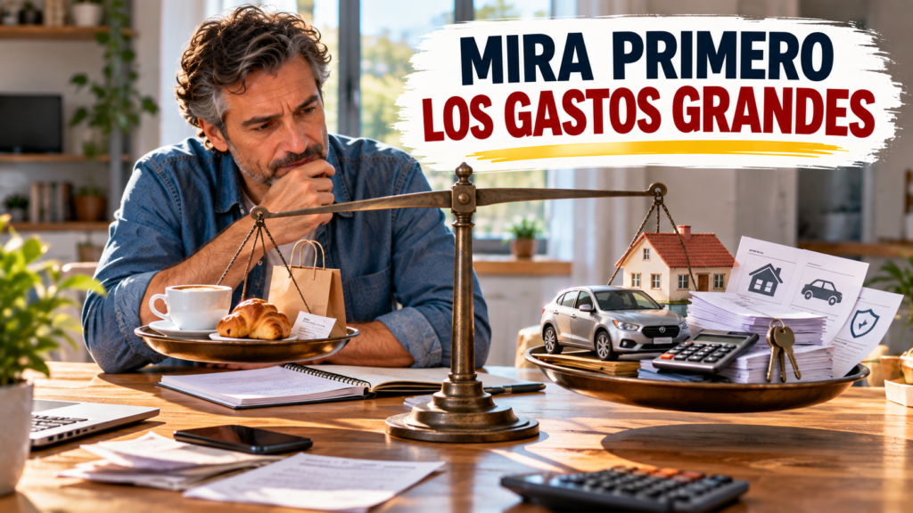 Persona comparando pequeños gastos cotidianos con grandes gastos fijos como vivienda, coche y préstamos.