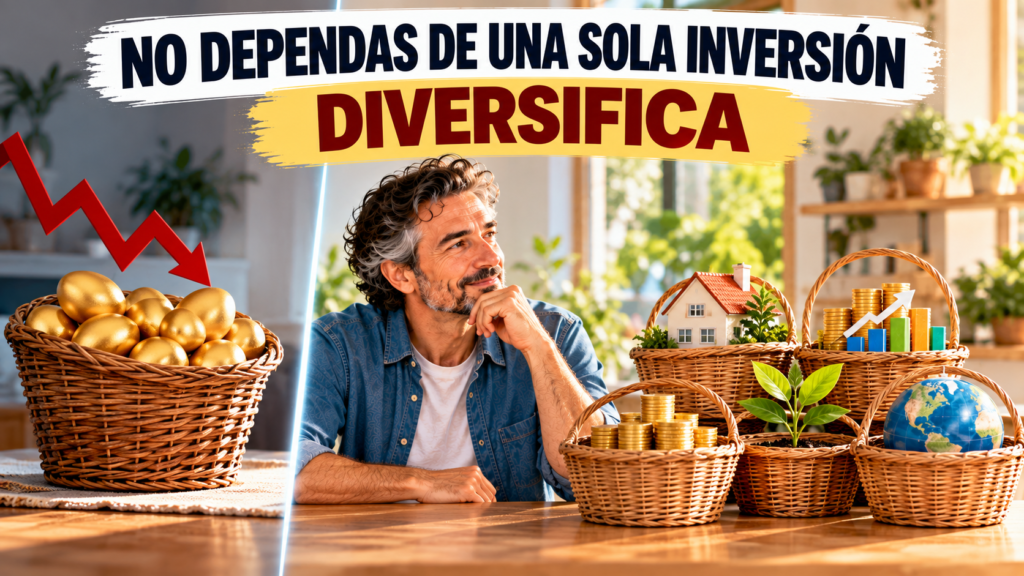 Comparación visual entre concentrar todo el dinero en una sola inversión y diversificarlo entre diferentes tipos de activos.