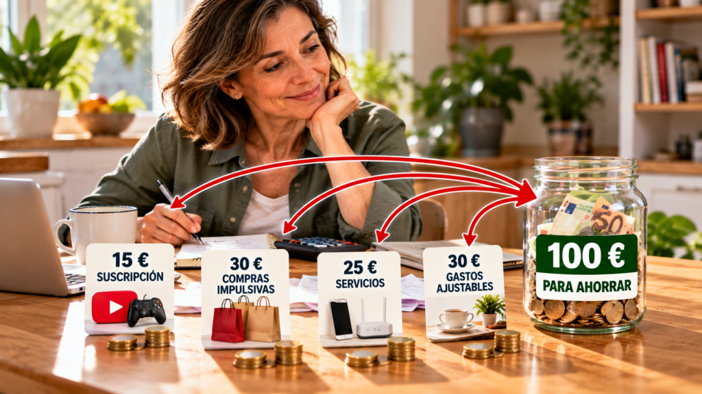 Ejemplo visual de pequeños ajustes de gastos que permiten encontrar 100 euros mensuales para empezar a ahorrar.