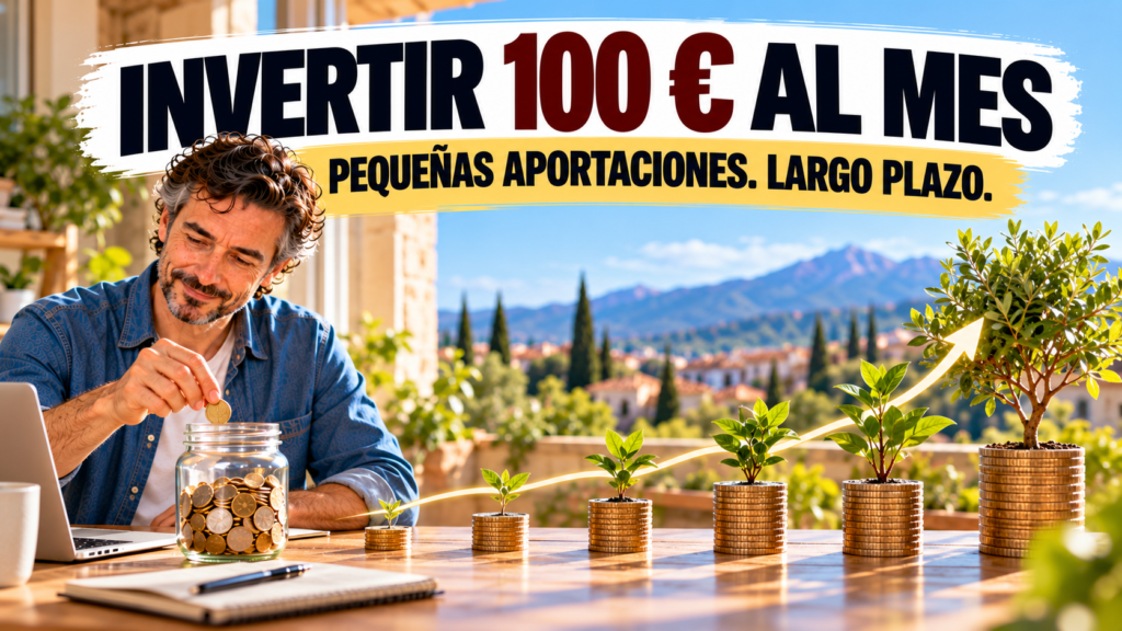 Persona de mediana edad comenzando a invertir 100 euros al mes mediante pequeñas aportaciones periódicas orientadas al largo plazo.