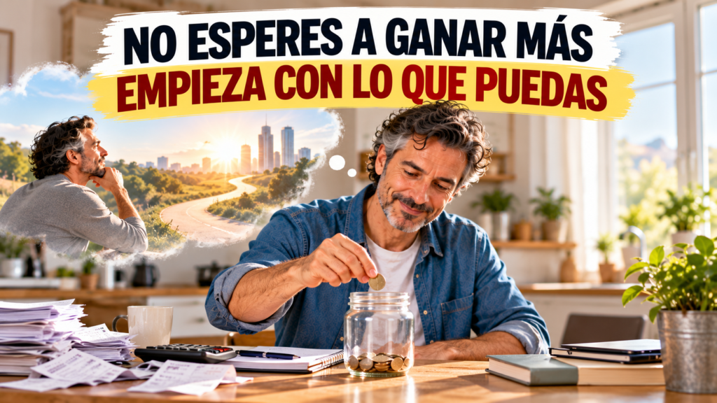 Persona de mediana edad empezando a ahorrar una pequeña cantidad en lugar de esperar a tener un sueldo mayor.