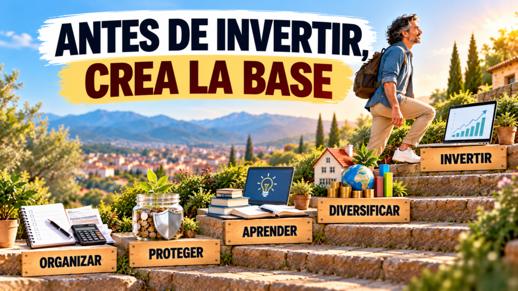 Persona siguiendo los pasos de organizar sus finanzas, crear protección, aprender, diversificar y realizar su primera inversión.