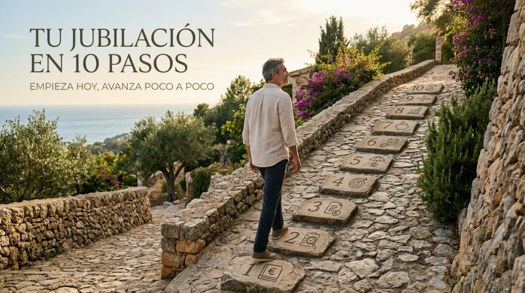Hombre de unos 50 años siguiendo un camino de planificación financiera para preparar su jubilación mediante el ahorro y la inversión prudente.
