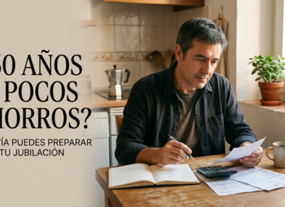 Hombre de unos 50 años revisando sus ahorros y planificando su jubilación en casa con una actitud esperanzadora.