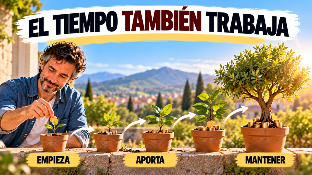 Pequeñas aportaciones de inversión repetidas durante años representadas mediante el crecimiento gradual de una planta hasta convertirse en árbol.